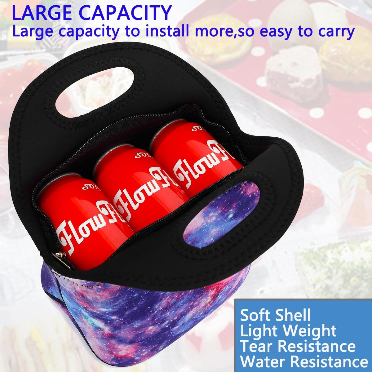 FlowFly Neoprene kids Lunch box Insulated Soft Bag Mini Cooler Thermal Meal Tote Kit for Boys, Girls,Men,Women,School,Work, Office, Galaxy