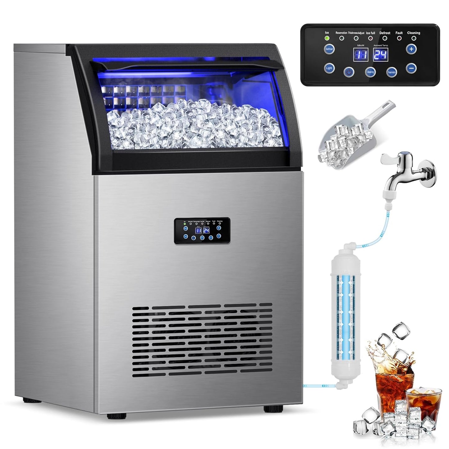 Commercial Ice Maker Machine, 150Lbs/24H with 45Lbs Large Ice Capacity, 55Pcs Clear Ice Cubes Ready in 8-15Mins, Freestanding Stainless Steel Ice Making Machine for Home Party Bar