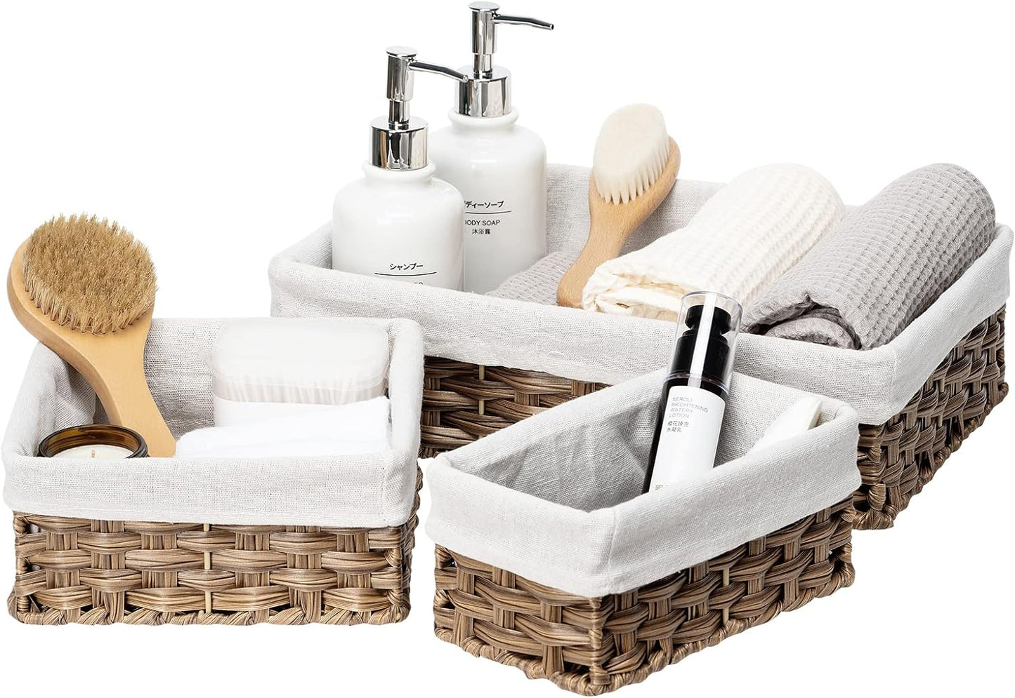 FairyHaus Wicker Baskets for Organizing, Waterproof Rectangle Small Storage Basket for Shelves, Nesting Lined Set of 3, Rustic Brown