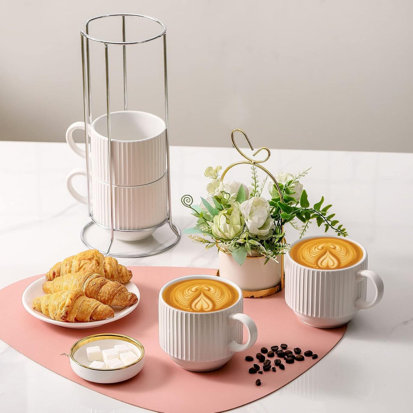 Hasense Ceramic Coffee Mugs Set of 4 with Rack - 15 oz Stackable Large Porcelain Ribbed Latte Cup Set for Cappuccino, Tea, Hot Cocoa, Drinks - Dishwasher & Microwave Safe, White