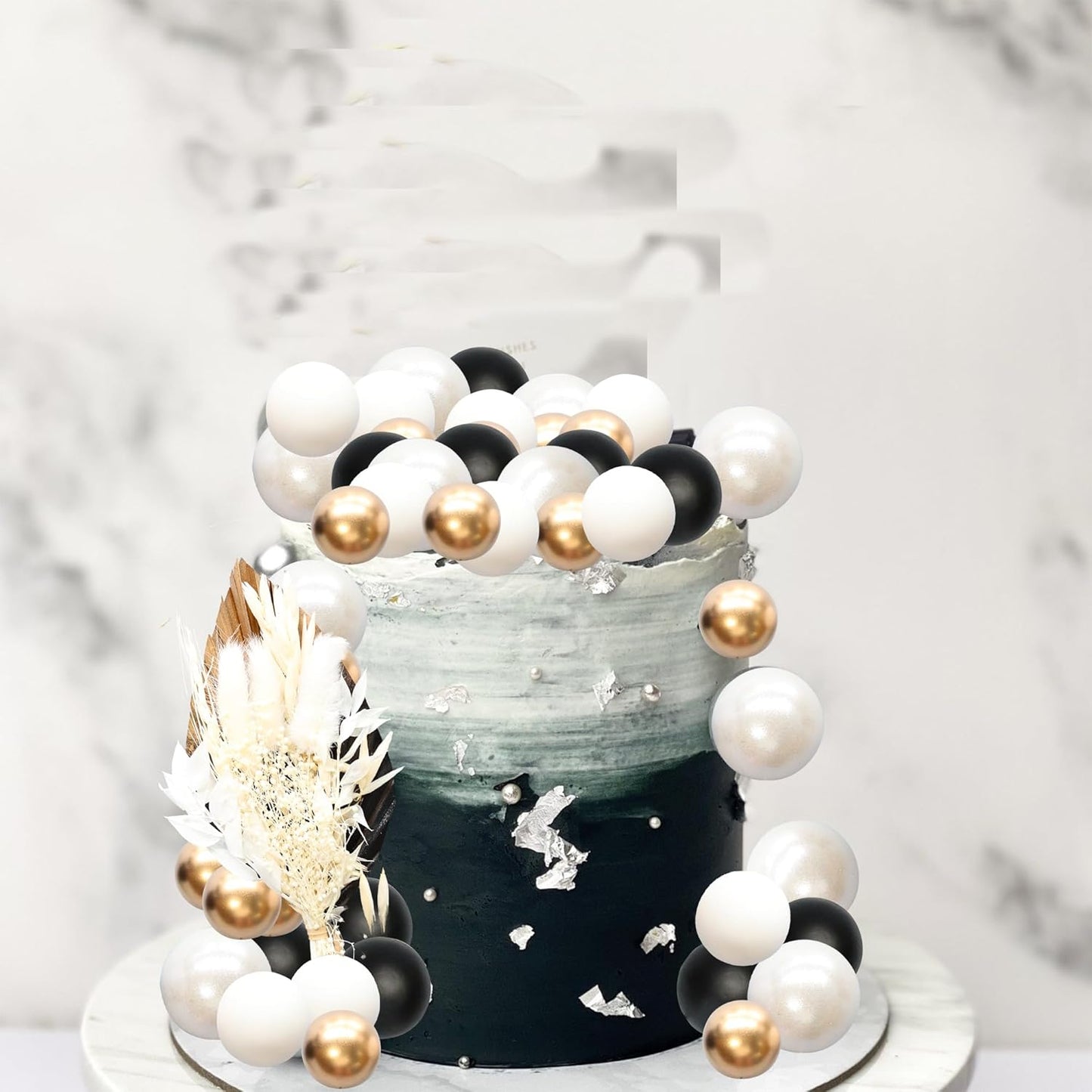 Gyufise 21 Pack Flower Boho Cake Topper Ball Cake Decorations Palm Leaves Plants Cake Decor for Girl Bohemian Princess Theme Wedding Baby Shower Birthday Party Supplies White Gold