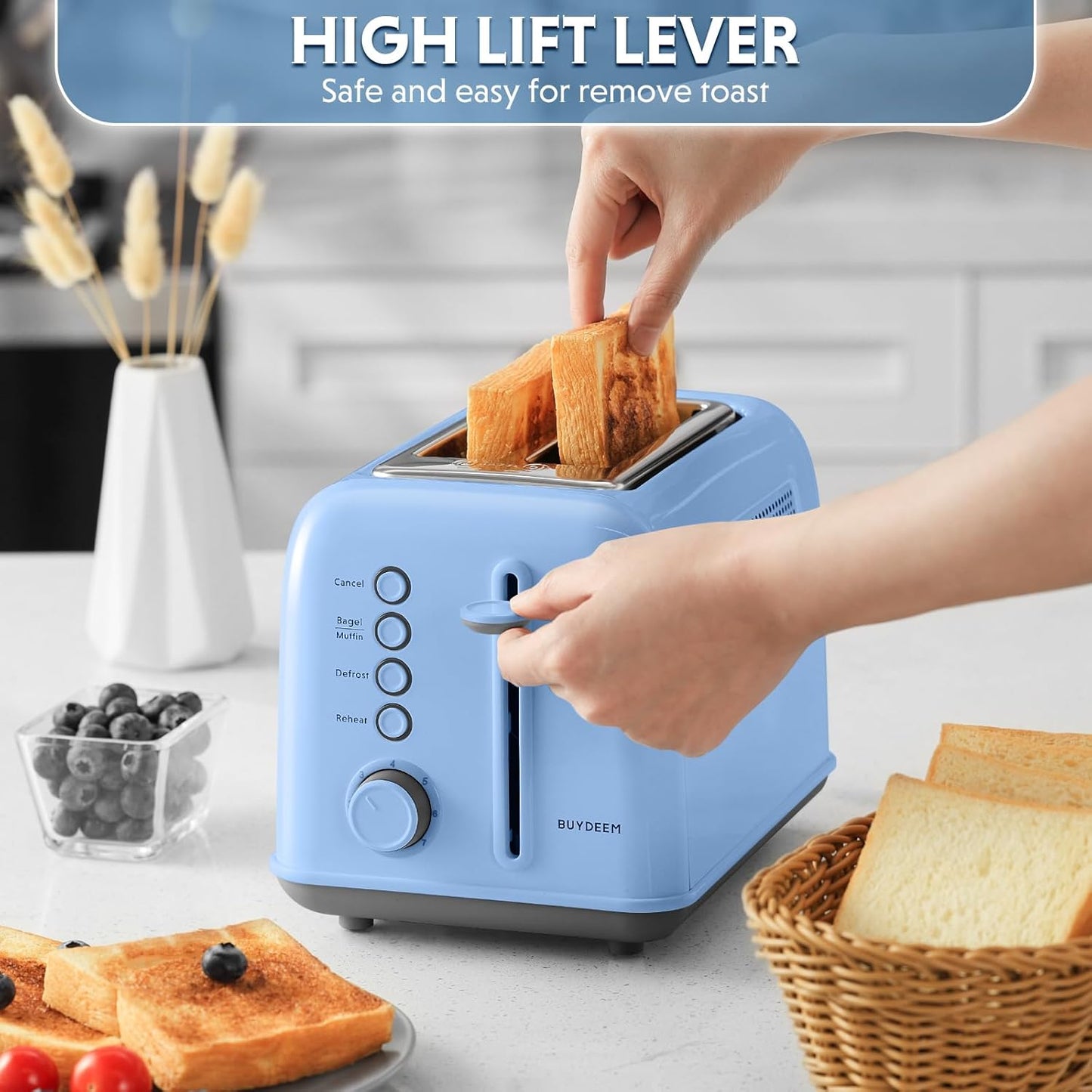 BUYDEEM DT620 2-Slice Toaster, Extra Wide Slots, Retro Stainless Steel with High Lift Lever, Bagel and Muffin Function, Removal Crumb Tray, 7-Shade Settings,Blue