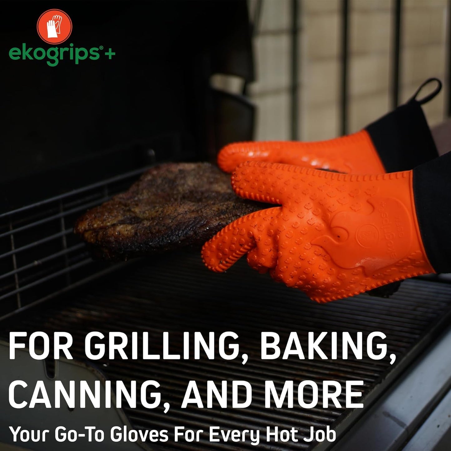 Ekogrips+ Premium Silicone Oven Mitts - Comfy, Waterproof, Heat Resistant BBQ Gloves for Grilling, Long Cuff for Added Protection, 5 Finger Dexterity, 3 Sizes, 4 Colors, S/M, Black