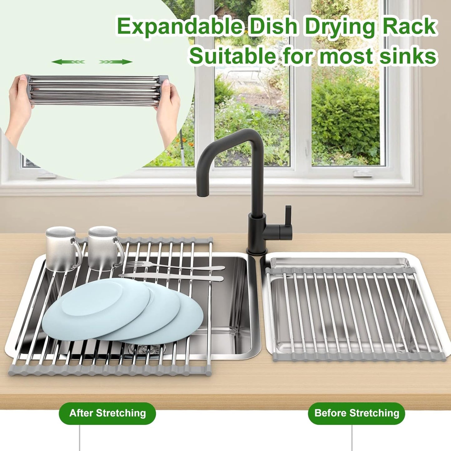 Expandable Roll Up Dish Drying Rack, 23.6"L x 13.0"W Large Stainless Steel Over The Sink Dish Drying Rack with Silicone Wrapped Anti-Slip Foldable Multipurpose Dish Drainers for Kitchen Sink