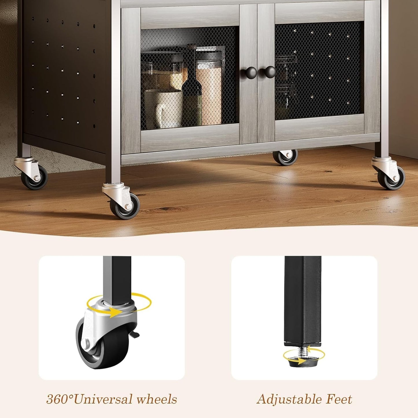 Catrimown Coffee Cart Station, Coffee Stand Station, Small Microwave Stand with Drawer, Movable Farmhouse Coffee Station Table on Wheels for Living Room, Entryway, Dining Room, Kitchen, Wash Grey