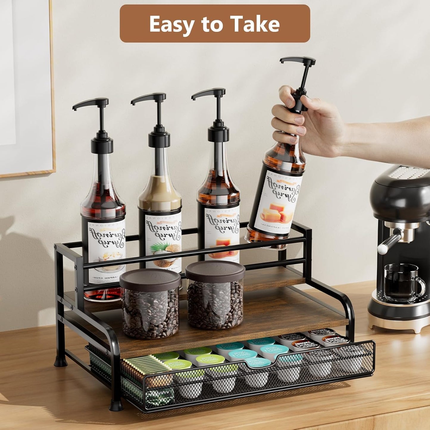 Coffee Syrup Rack Organizer, 3-Tier 8 Bottles Syrup Rack with 35 K Cup Storage Basket for Coffee Bar, Countertop Bottle Holder Stand for Wine, Dressing for Kitchen Cafe Station