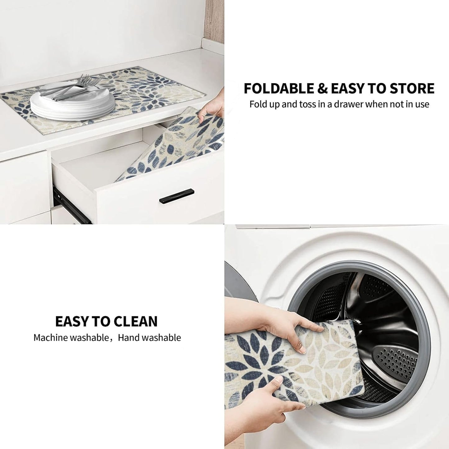 Dahlia Dish Drying Mat 18x24 for Kitchen Counter, Blue Floral Decorative Absorbent Coffee Mat Dish Drying Pad Coffee Bar Dish Drainer Rack Mat Drainer Mat