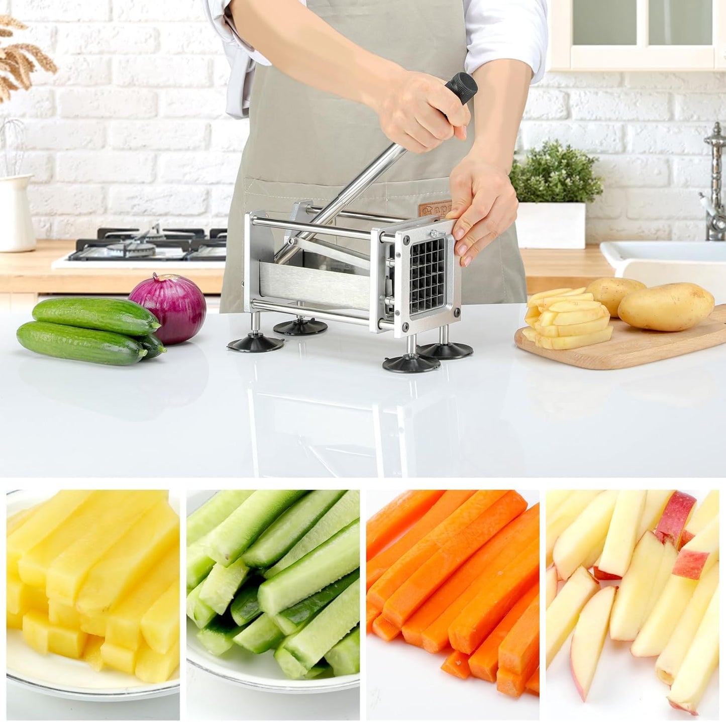 French Fry Cutter Professional Stainless Steel Potato Cutter with 1/2 Inch and 3/8 Inch Blades Commercial French Fries Slicer for Potatoes Carrots Cucumbers