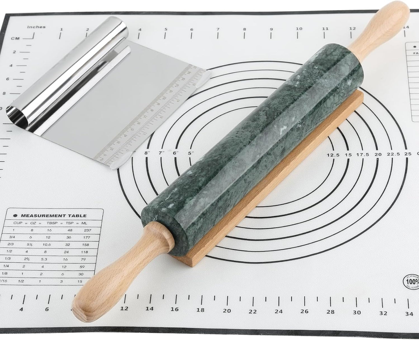 Koville Indian Natural Marble Rolling Pin, Non-Stick Polished Dough Roller, Pasta, Dumpling, Fondant, Pie Crust, Bread, Pizza Dough, Kitchen Baking Pastry Tools with Mat/Scraper(Indian Green)