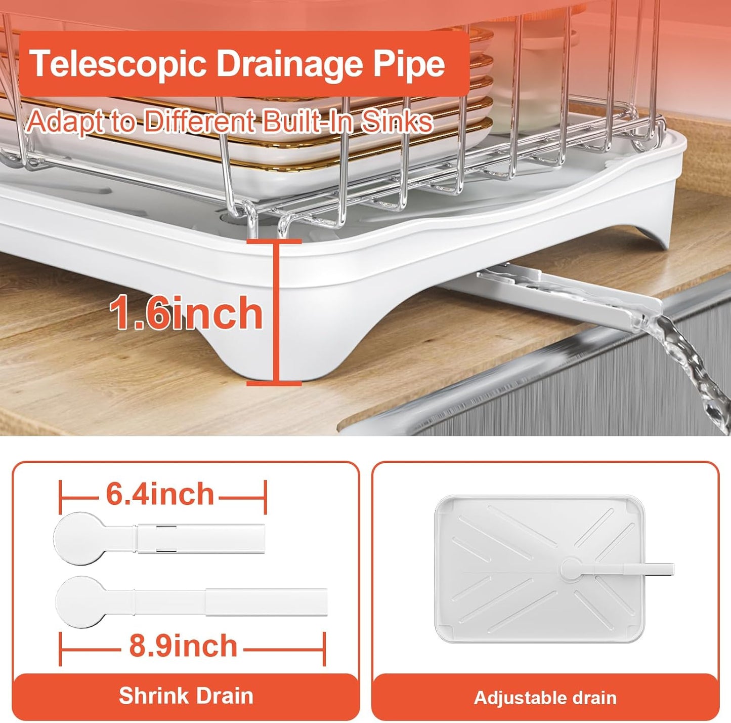 Dish Drying Rack for Kitchen Counter, 2-Tier 304 Stainless Steel Dish Rack with Adjustable Drainage Board, Removable Cup Holder, Utensil Holder, White