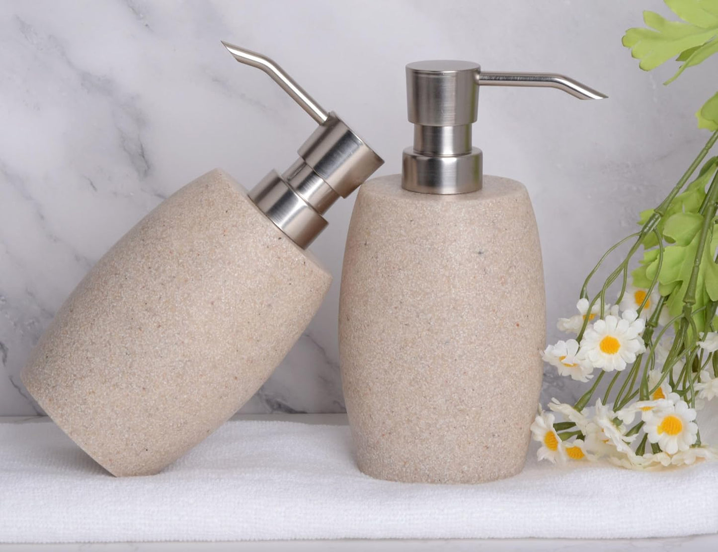 Sandstone Textured Resin Soap Dispenser with Metallic Pump and Waterproof Bottle Labels for Bathroom Kitchen Dish Hand Wash Shower Lotion Shampoo, 12 Oz, 2 Sets Beige