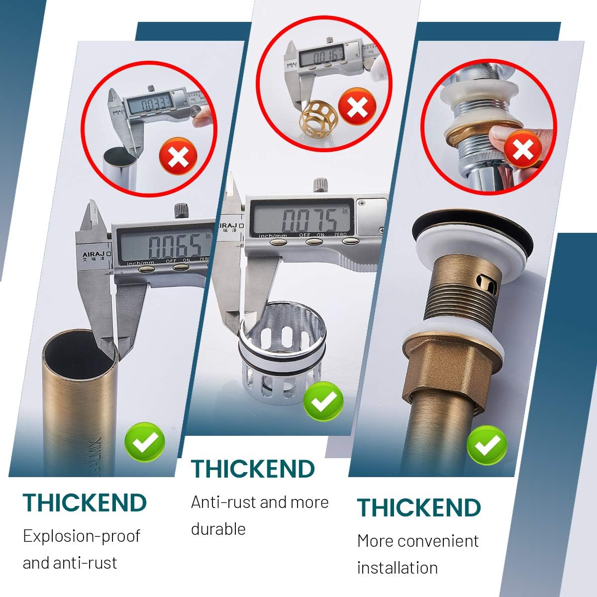 Antique Brass Pop UP Drain, Bathroom Vessel Lavatory Vanity Faucet Sink Stopper, Built-in Anti-Clogging Strainer, Fits Standard American Drain Hole(1-1/2" to 1-3/4"),Without Overflow RWF082S