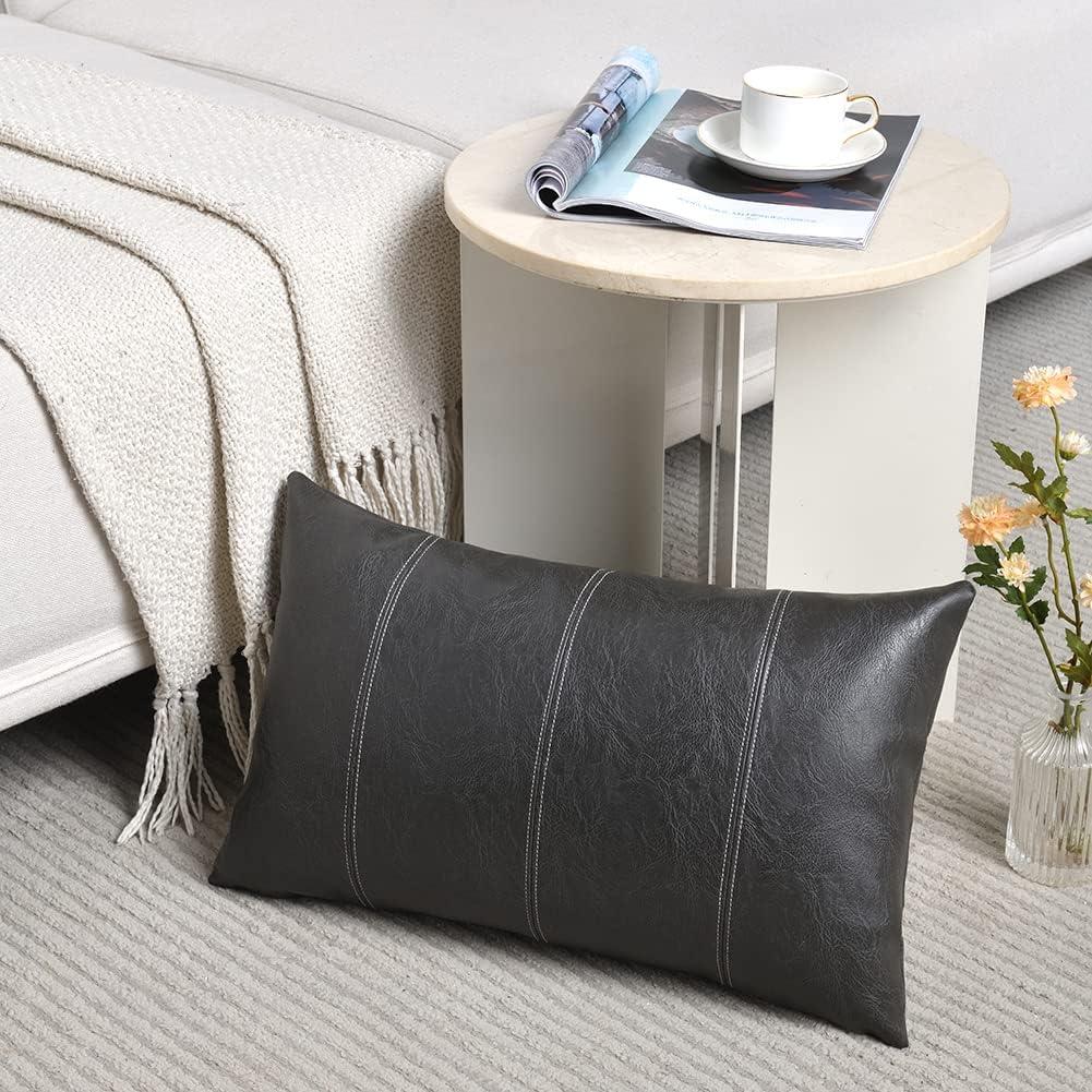 Fancy Homi Dark Gray Long Lumbar Faux Leather Decorative Throw Pillow Covers 12x24 Inch for Outdoor Couch Bed, Modern Farmhouse Boho Home Decor, Grey Hand Stitched Cushion Case 30x60 cm