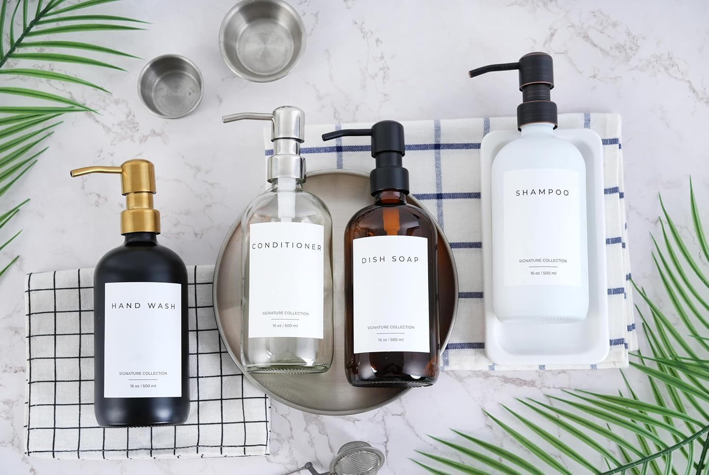 Emerson Essentials Glass Soap Bottle Dispensers, 2 Pack, Stainless-Steel Pumps Rust-Free, Hand Set for Bathroom Kitchen Sink, Liquid Lotion Shampoo Jars with 4 Waterproof Labels, 16 Oz Gunmetal