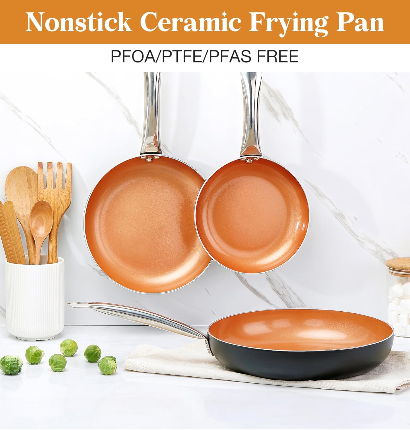 KOCH SYSTEME CS 10in Copper Nonstick Frying Pans with Lids and Titanium Ceramic Interior,100% PFOA-Free Saute Pan/Skillet for All Stove Tops,Stainless Handle,Omelet Pan Cookware
