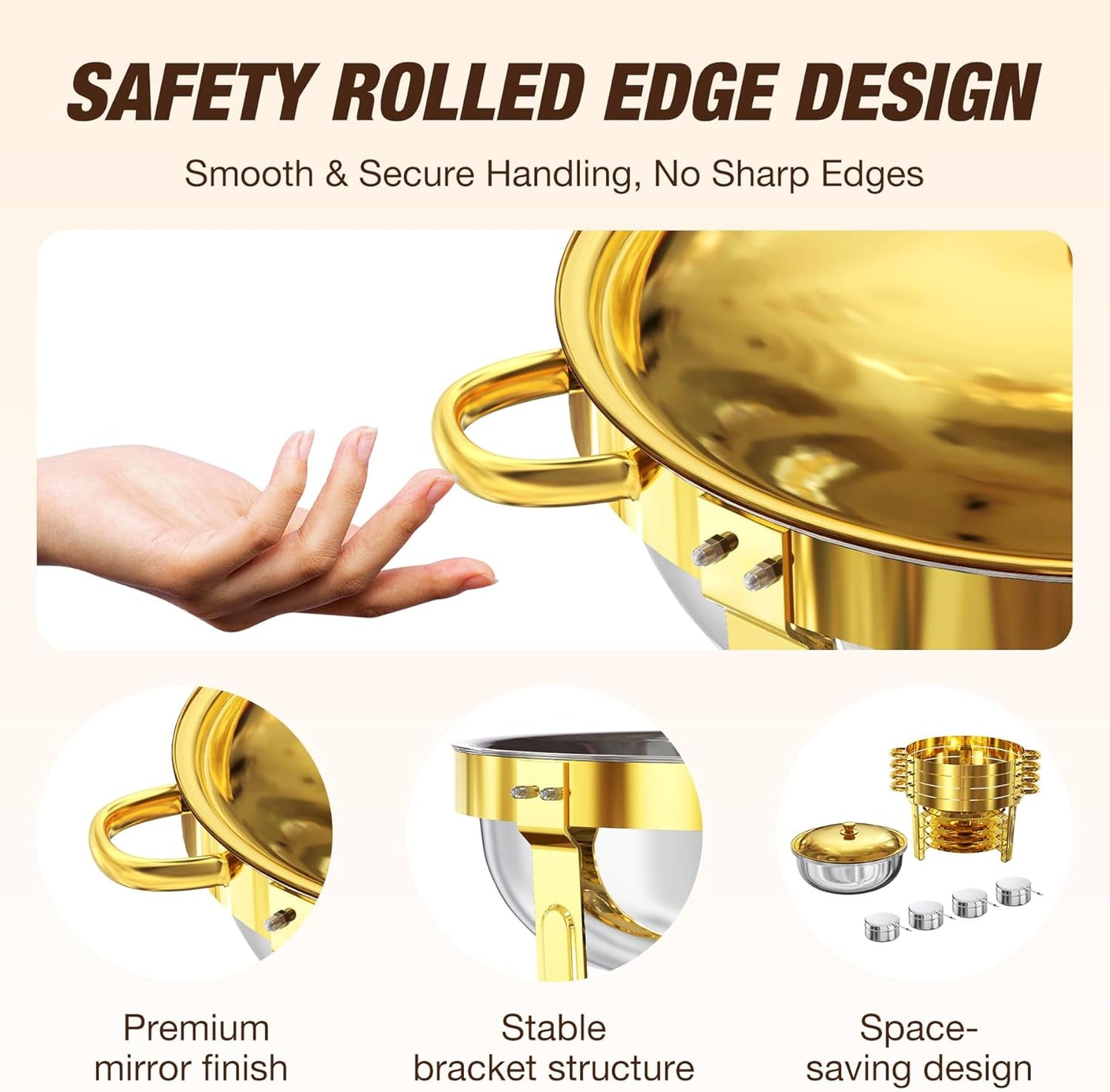 Gold Chafing Dishes for Buffet (5QT, 2 Pack), Round Chafers and Buffet Warmers Sets with Lid Holder, Food-Grade Stainless Steel, Rolled Edge Design, for Catering Events, Parties, Weddings