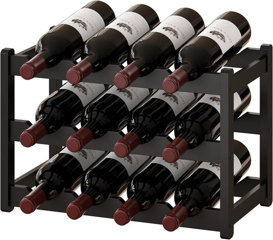 BMOSU Bamboo Wine Rack Wine Storage Cabinet Shelf 12 Bottle Wine Racks Countertop Sturdy for Kitchen Dining Room Pantry - 3 Tiers Wine Rack (Black)