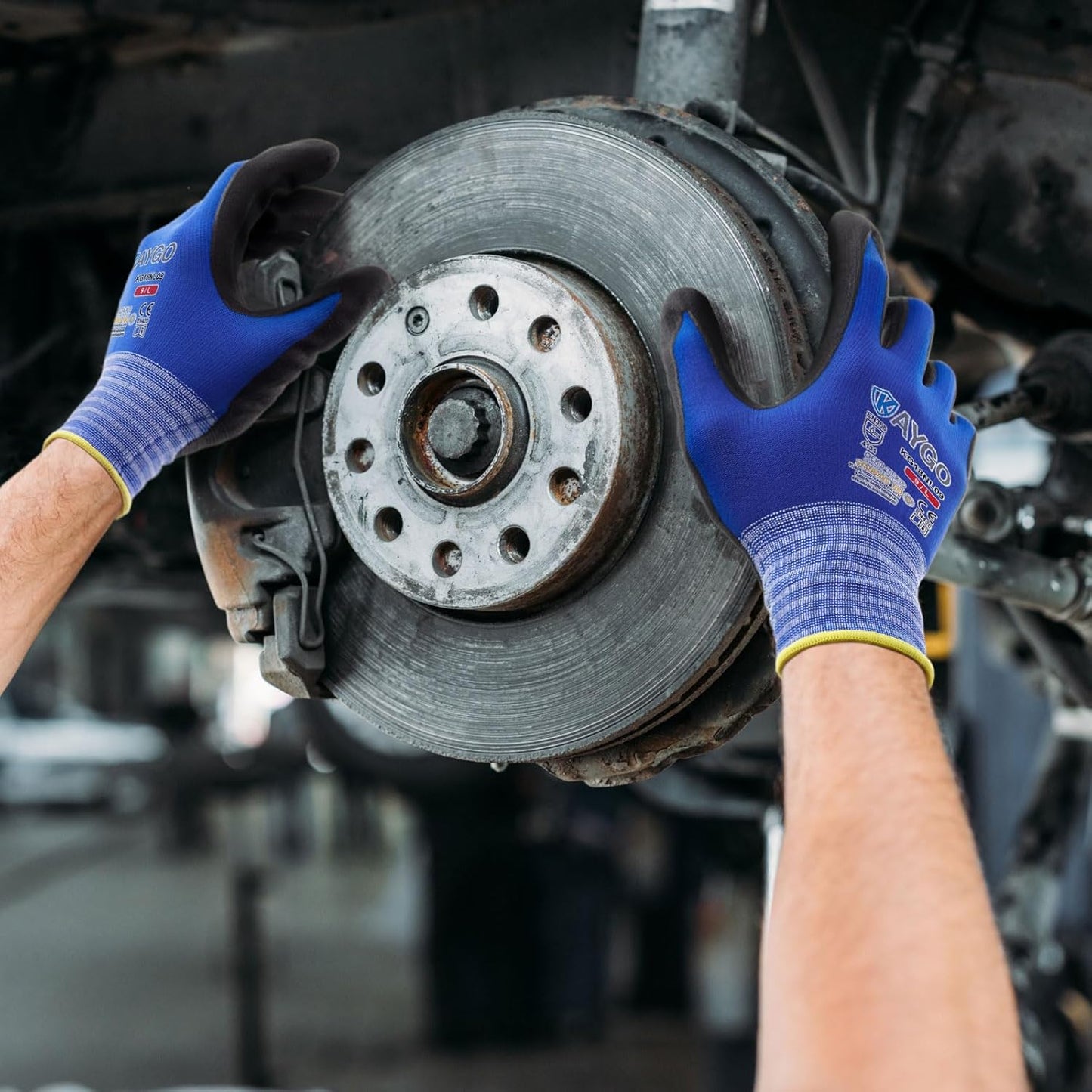 KAYGO Safety Work Gloves MicroFoam Nitrile Coated, 3 Pairs KG18NB,Seamless Knit Nylon Glove with full fingers Touchscreen, Ideal for Automotive,Warehouse,Construction (Large, Blue)