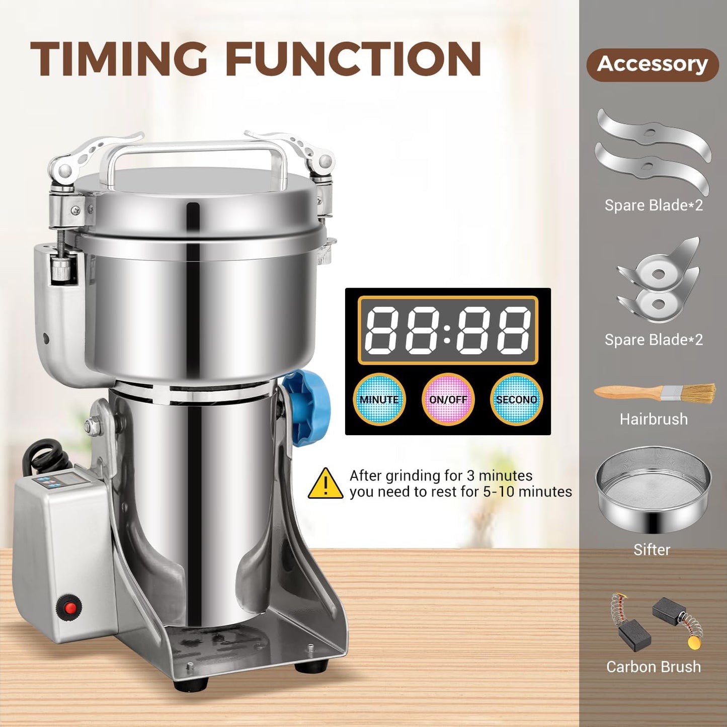 Grain Mill Grinder, 750g Commercial Spice Grinder Electric 2000W Stainless Steel Pulverizer Dry Grinder for Grinding Wheat, Oats, Corn, Pepper, and Coffee Beans – Grinder for Kitchen.