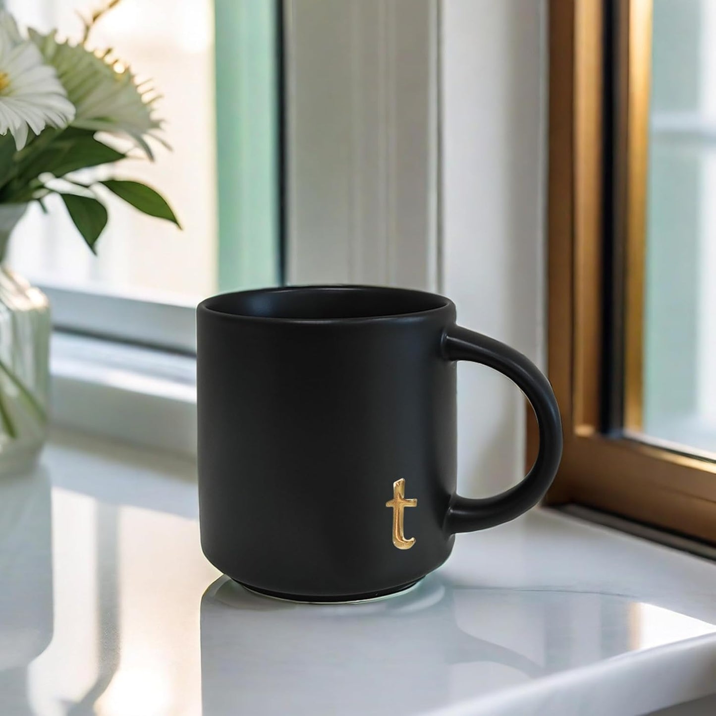 COLLECTIVE HOME - Black Monogram Ceramic Mugs, 15 oz Golden Initial Coffee Cups, Elegant Alphabet Tea Mugs, Personalized Halloween Mug with Gift Box, Perfect for Office and Home Décor (t)