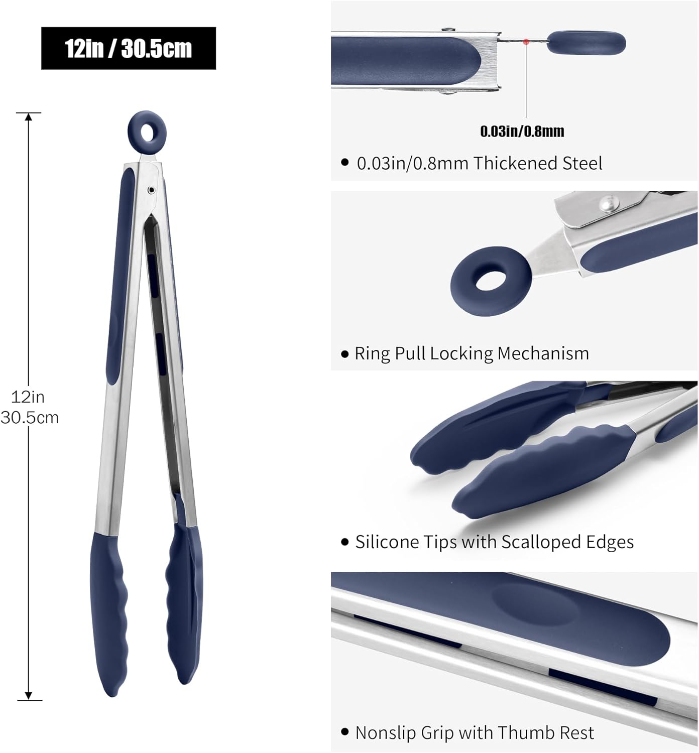 Doosu Kitchen Tongs for Cooking - 600°F Heat Resistant Food Tong with Non-Scratch Silicone Tips, Heavy Duty Stainless Steel Locking Tong for BBQ, Grilling Steak, Serving Salad Pasta (12in, Navy Blue)