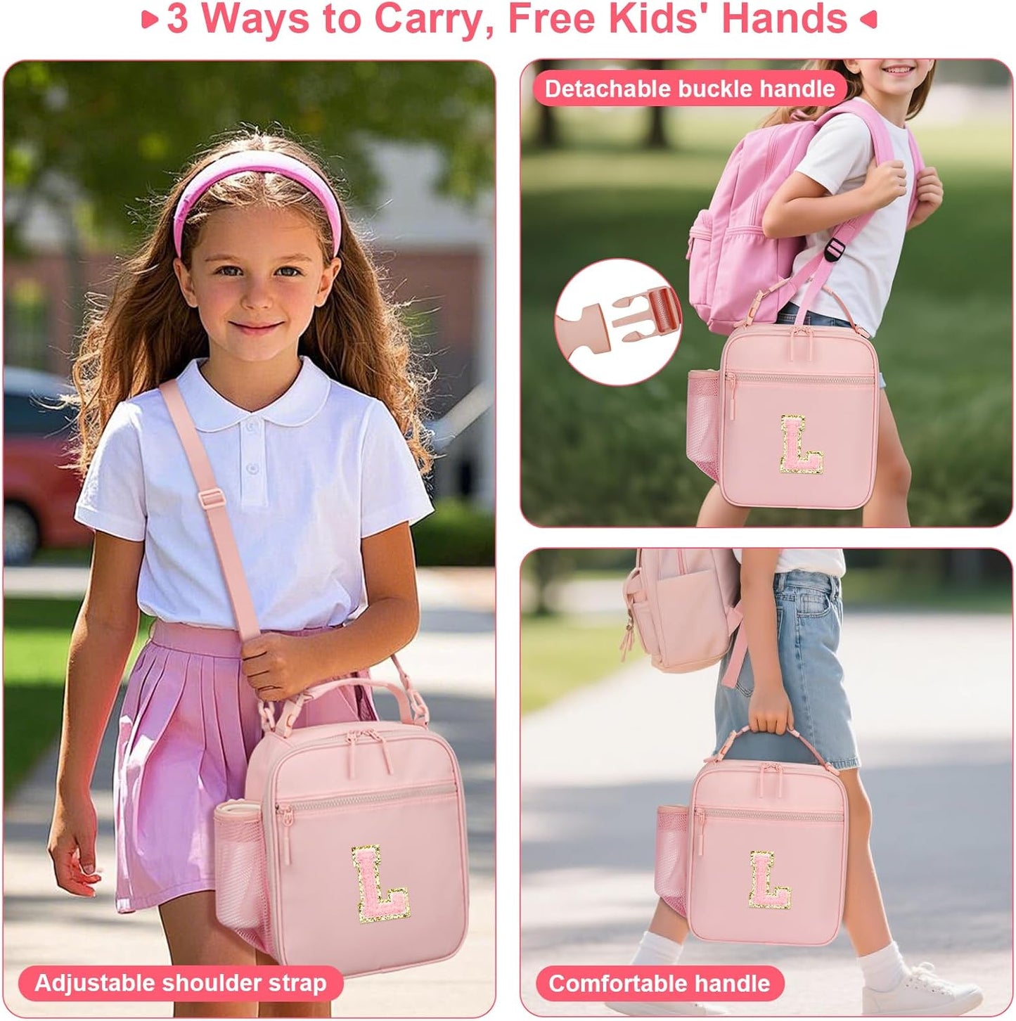 Initial Insulated Lunch Bag for Girls Kids, Back to School Gift, Reusable Leak-proof Lunch Box with Adjustable Strap for School Daycare Travel Picnic (Pink,L)