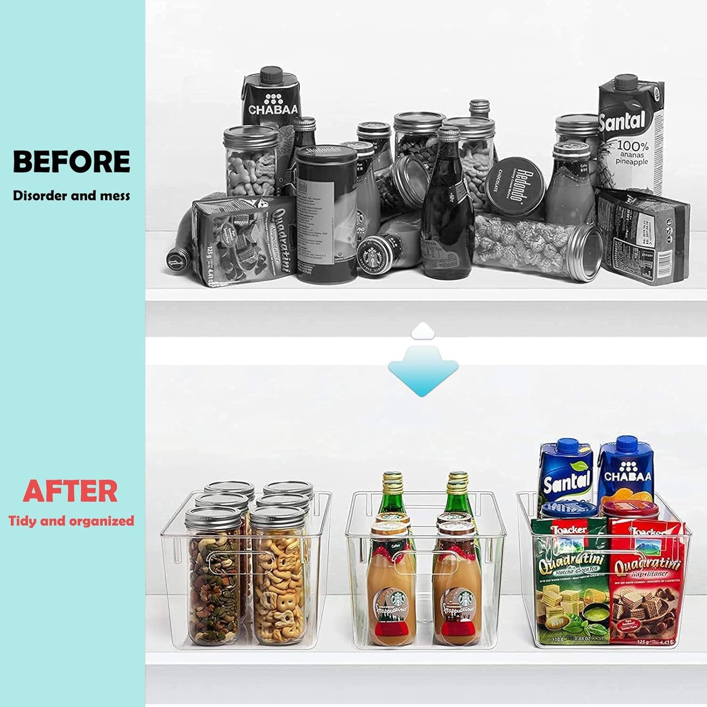 Clear Plastic Storage Bins, 4 Pack Pantry Organizers & Storage Containers, Cabinet Organizer, Home Organization Must Haves for Kitchen, Laundry Room, Office, Closet & Freezer