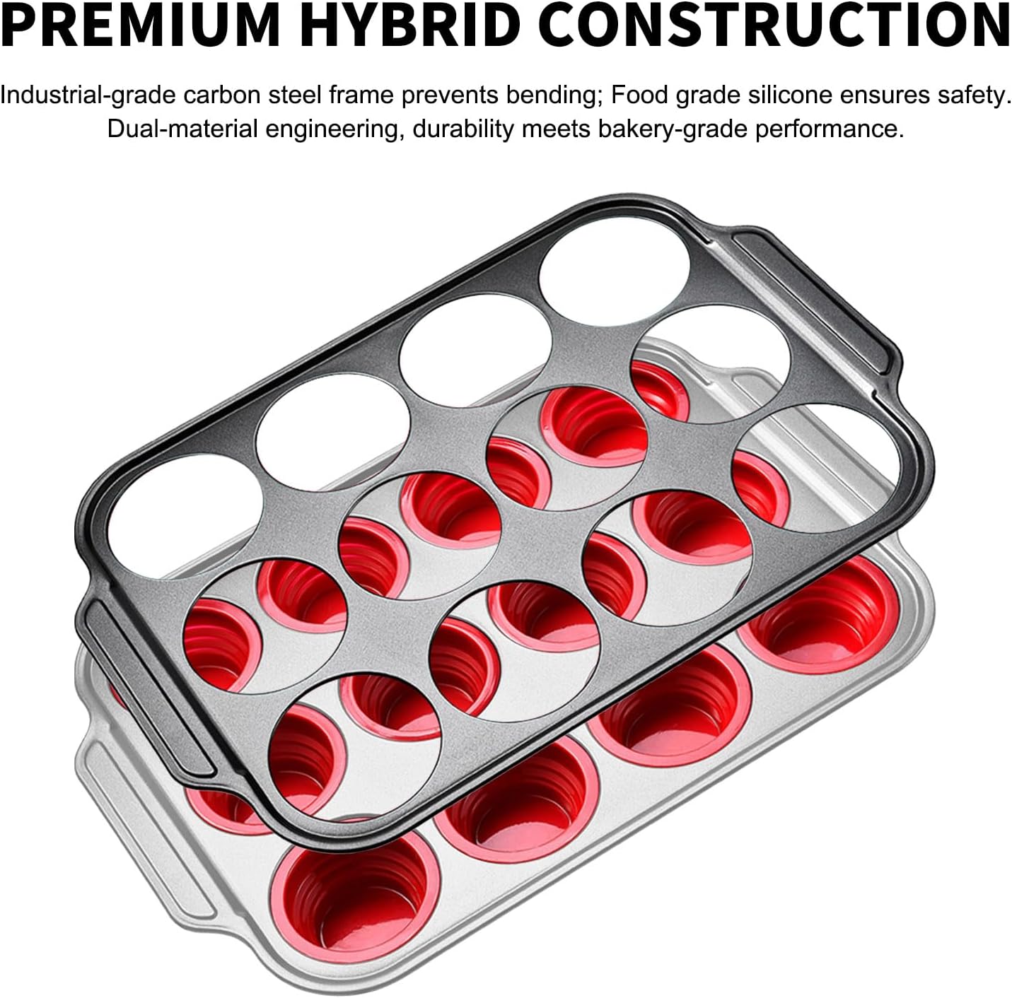 Silicone Muffin Pan with Metal Frame, Egg Bite Maker Silicone Molds for Baking, Cupcake Pans 12 Regular Size, Muffin Tins Easy to Pop Nonstick Non Toxic Bakeware for Oven (Red-6)