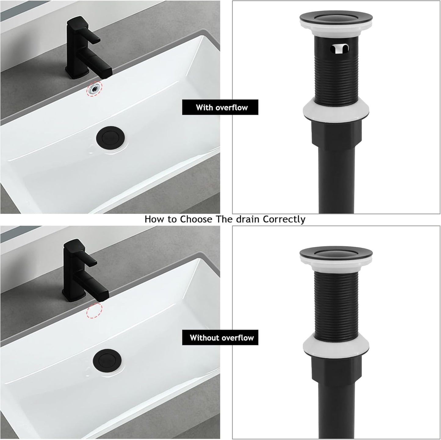 Bathroom Sink Drain,2 Pack Matte Black Drain Stopper Without Overflow,Small Cap Pop Up Drain Assembly with Detachable Strainer Basket,Built-in Anti-Clogging, Stainless Steel Nut