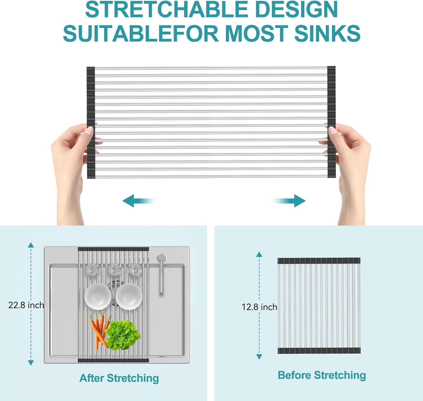 BBXTYLY Extra Expandable Roll Up Dish Drying Rack,Over The Sink Drying Rack Sink Cover Kitchen Sink Accessories Kitchen Rolling up Stainless Steel Drainer, Foldable,Rollable（Black，22.8''-12.4''）