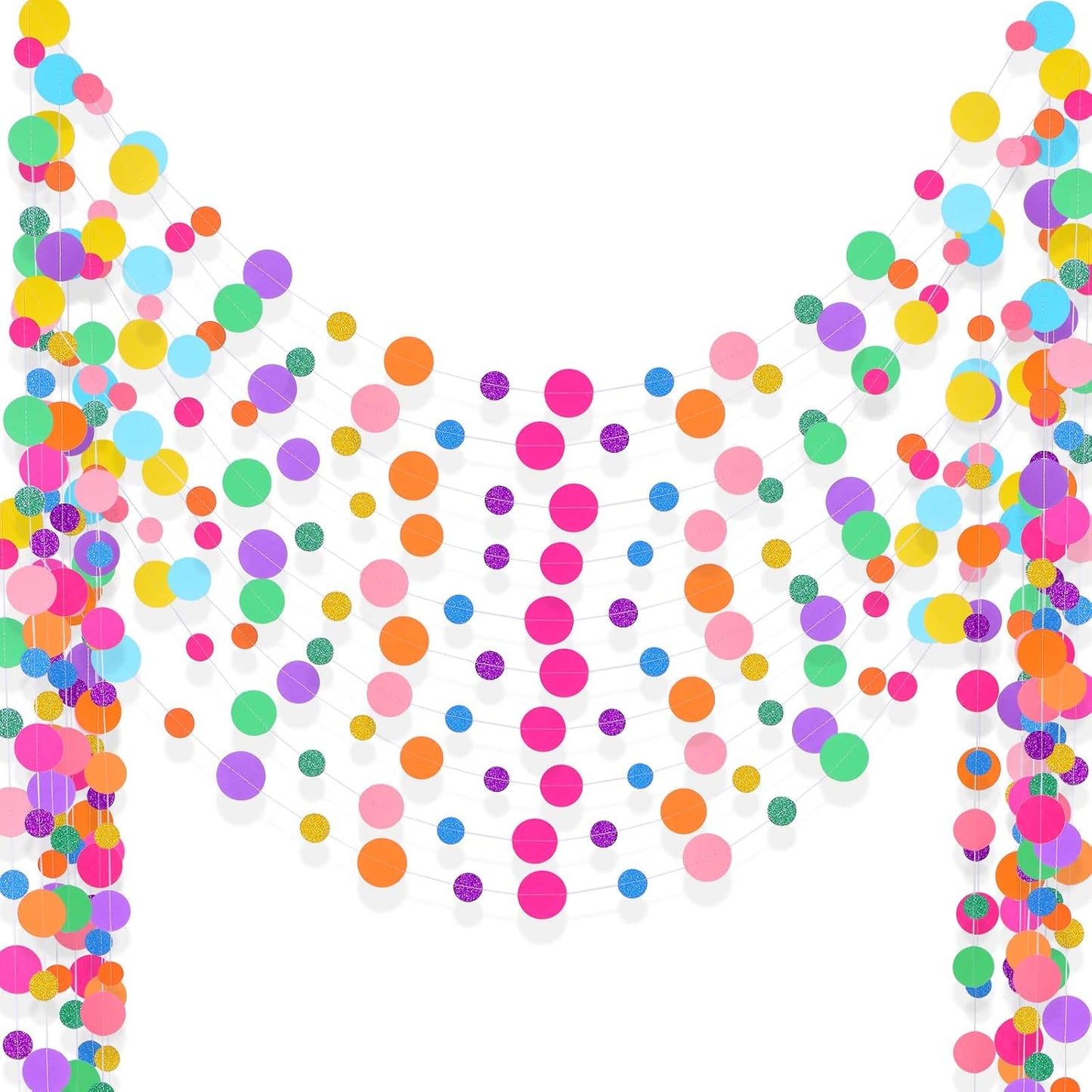 Outus 10 Pieces Colorful Dots Paper Garland Round Glitter Garland Hanging Confetti Streamers Backdrop Decoration for Birthday Classroom Candy Sprinkles Trunk or Treat Party (Rainbow)