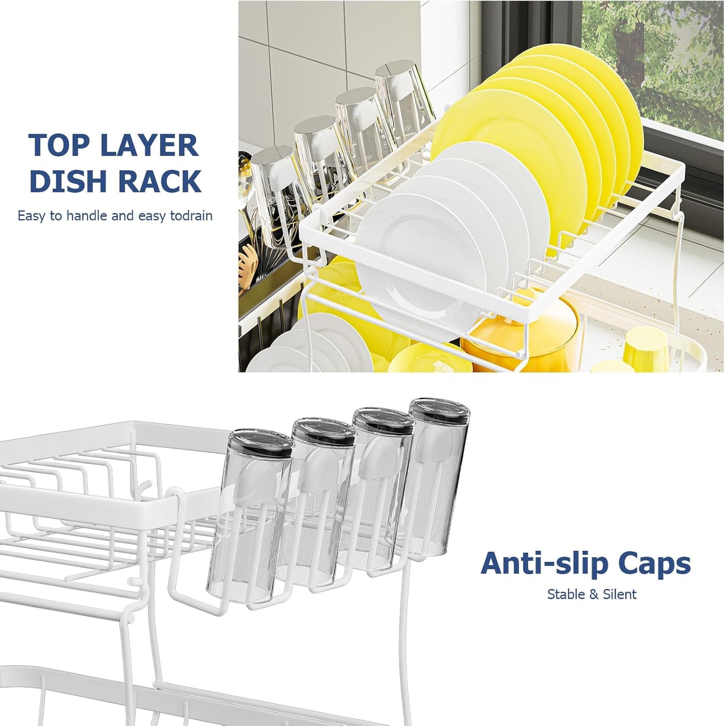 Dish Drying Rack 2-Tier Dish Racks for Kitchen Counter, Adjustable Spout Auto-Draining Dish Rack, Large Capacity for Plates, Bowls, Cups, Tableware，Dish Drainer with Drainboard,White