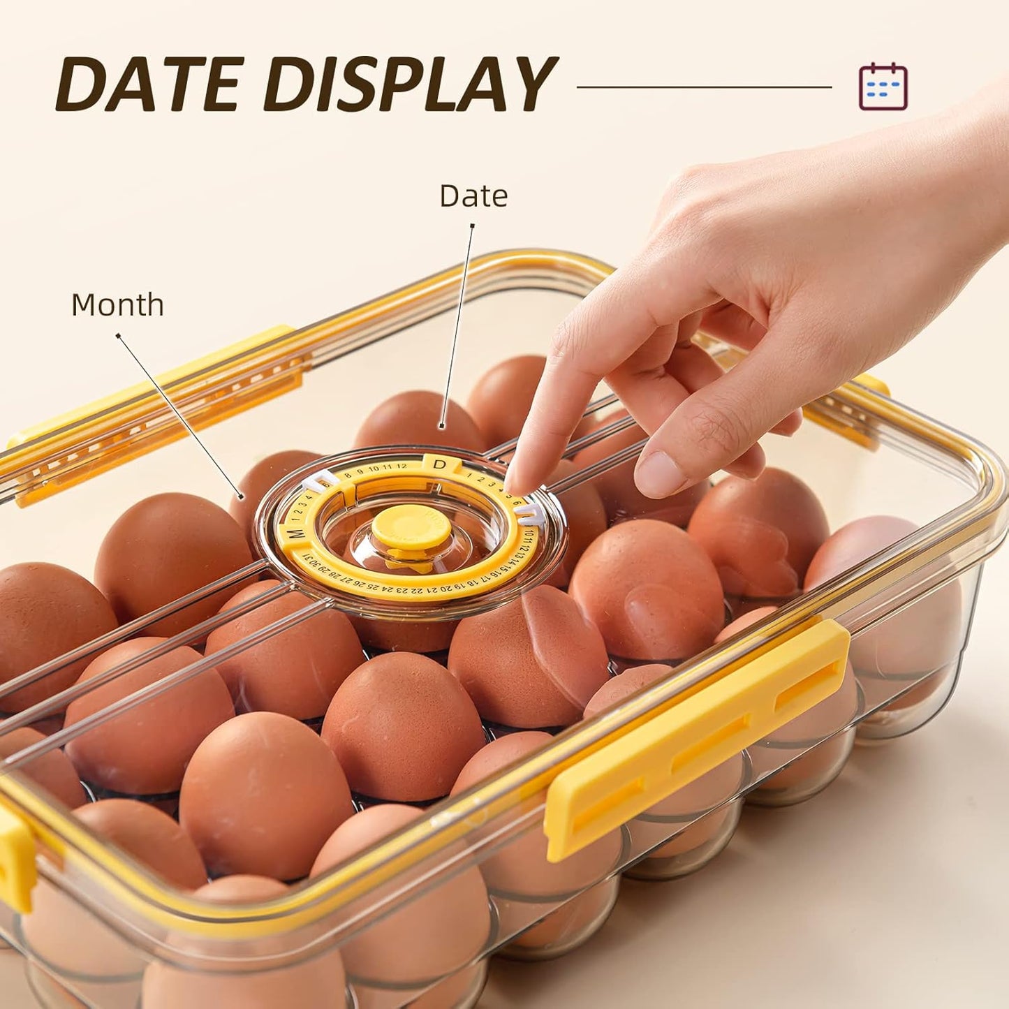 CottonColors Egg Holder for Fridge - 18 Container for Refrigerator, Plastic Organizer, Stackable Storage With Lids for Timer