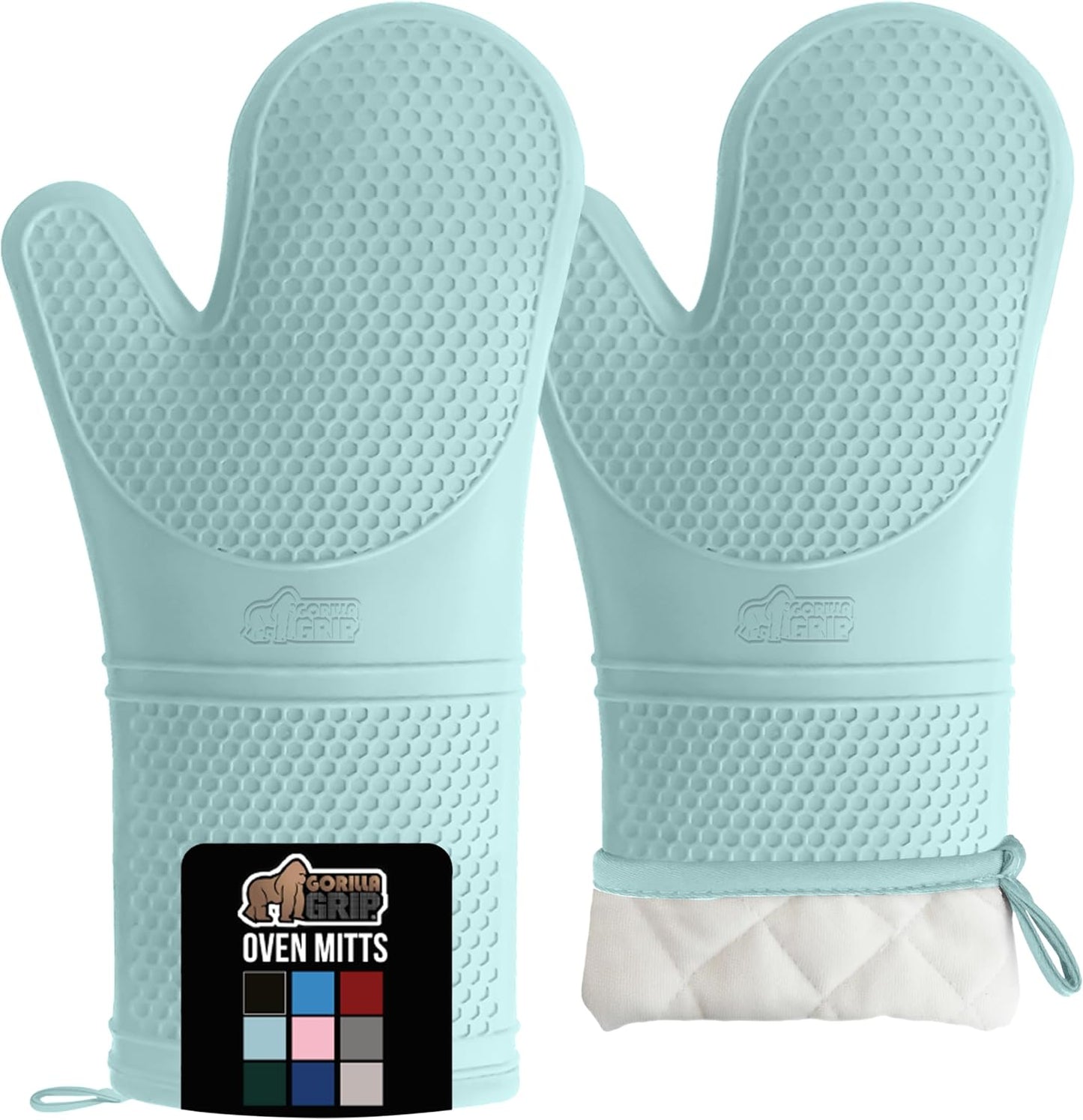 GORILLA GRIP BPA-Free Soft Silicone Oven Mitts, 14.5x8.3, Heat Resistant and Waterproof Cooking Gloves, Thick Cotton Lining, Flexible Gripping for Baking Grilling, Kitchen Potholders Set of 2, Mint