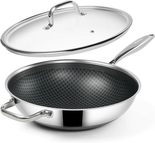 Hybrid 12-Inch Wok with Lid,Nonstick Stainless Steel Woks & Stir-fry pans,Stay-Cool Handle,PFOA Free Cookware,Dishwasher and Oven Safe,Compatible with All Cooktops