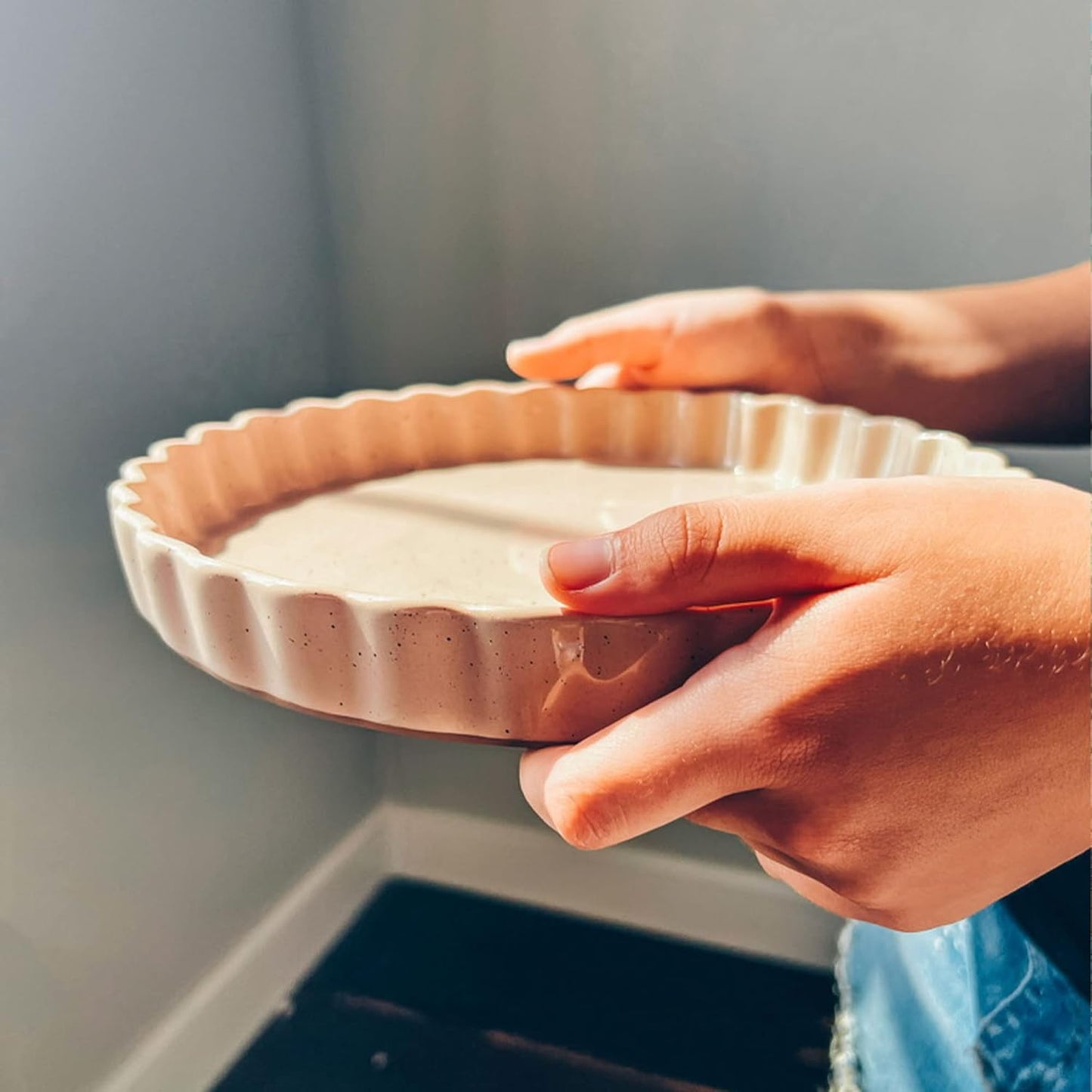 Mora Ceramic Tart Pan, 9.5 Inch Large Porcelain Baking Dish for Tarts, Quiche, Pie, Flan etc. Fluted Ruffled Edge, Oven, Microwave, Freezer, and Dishwasher safe - Great Gift For Bakers - Chai