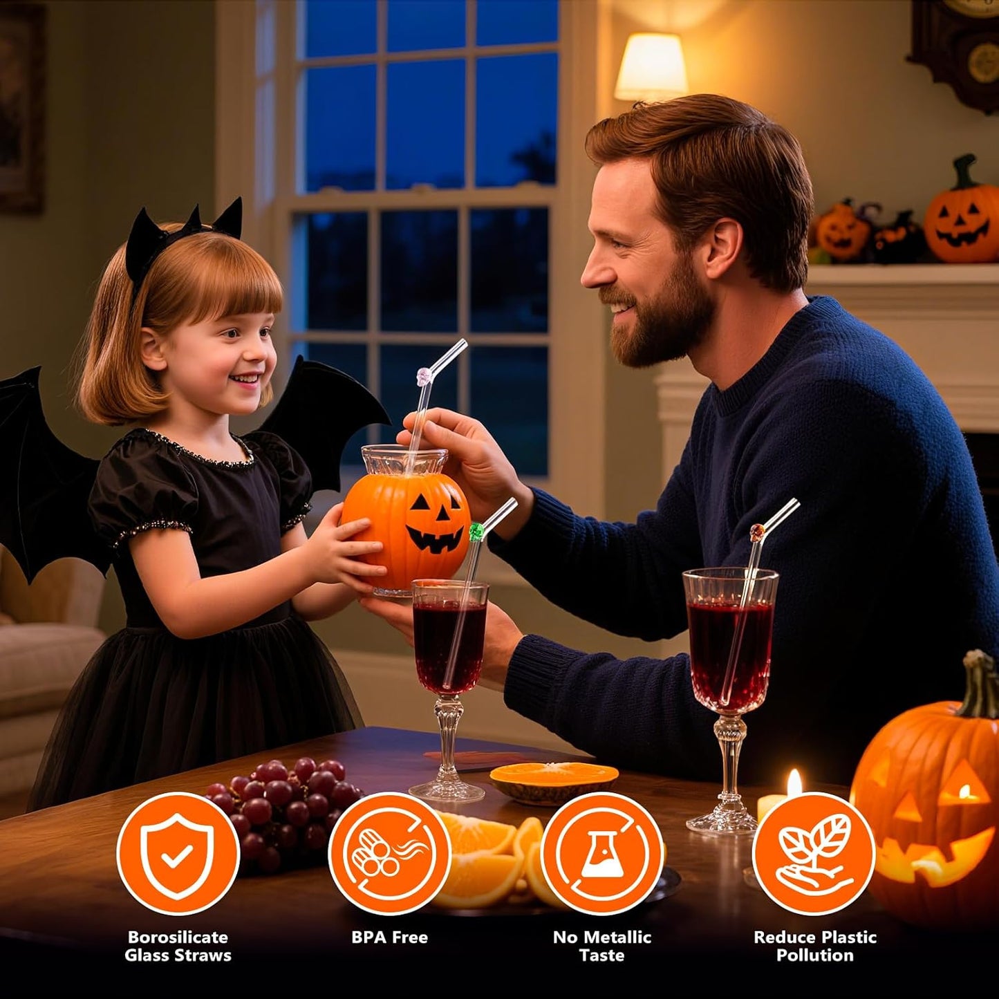 Cute Glass Straws with Charms and Halloween Straws - Reusable Bent Clear Glass Drinking Straws Set with Colored Skull for Silly Crazy Fun Fall Parties & Gift Giving, Include 2 Cleaner Brushes -8mm 9in