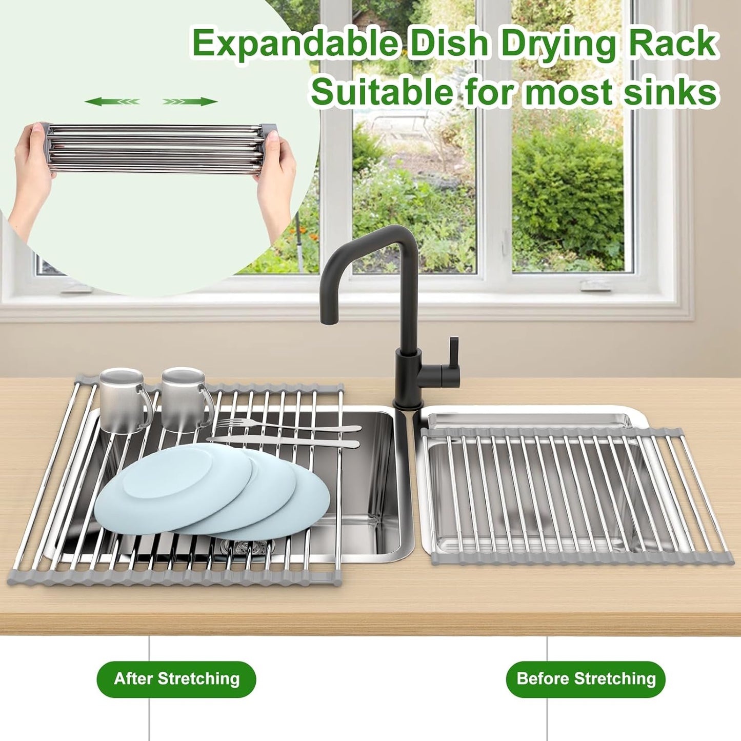 Expandable Roll Up Dish Drying Rack, 23.6"L x 15.7"W Large Stainless Steel Over The Sink Dish Drying Rack with Silicone Wrapped Anti-Slip Foldable Multipurpose Dish Drainers for Kitchen Sink