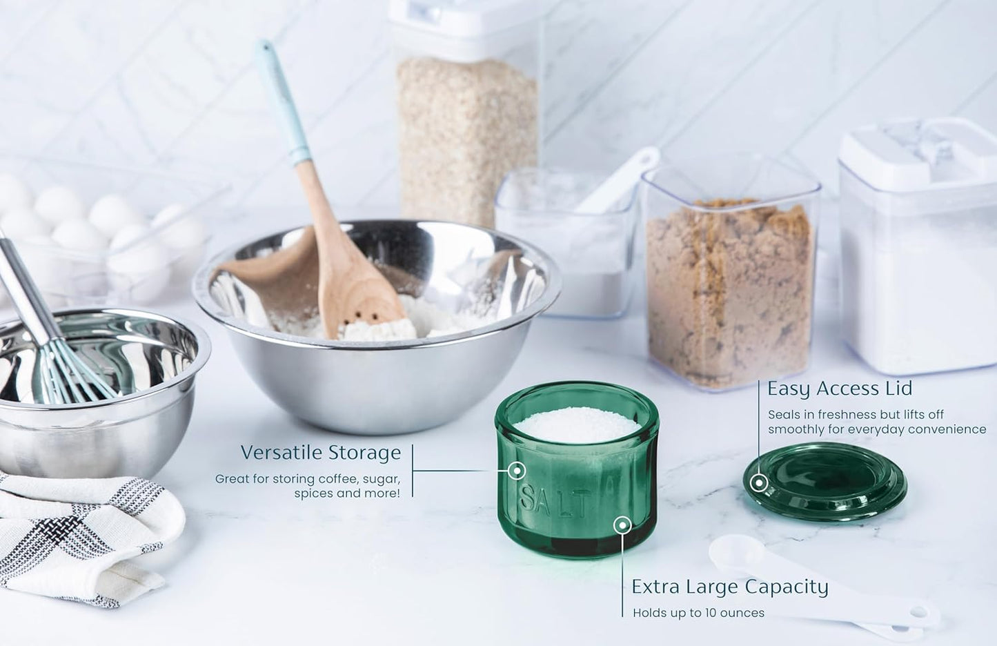 KooK Glass Salt Cellar, with Lid, Embossed Pressed Glass, Clear Storage Container, for Coffee, Sugar, Spices and Candies, 10 oz (Emerald Green)