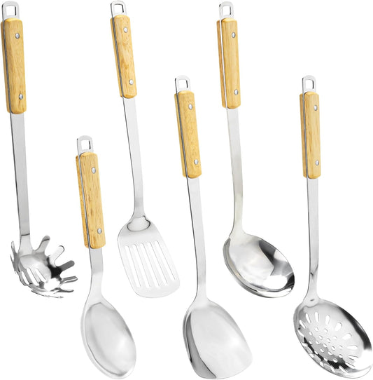 FJNATINH Cooking Utensils - Spatula and ladle Set with Wood Handle, 6 Pieces Wok Utensils Tools - Wok Accessories Cookware Set