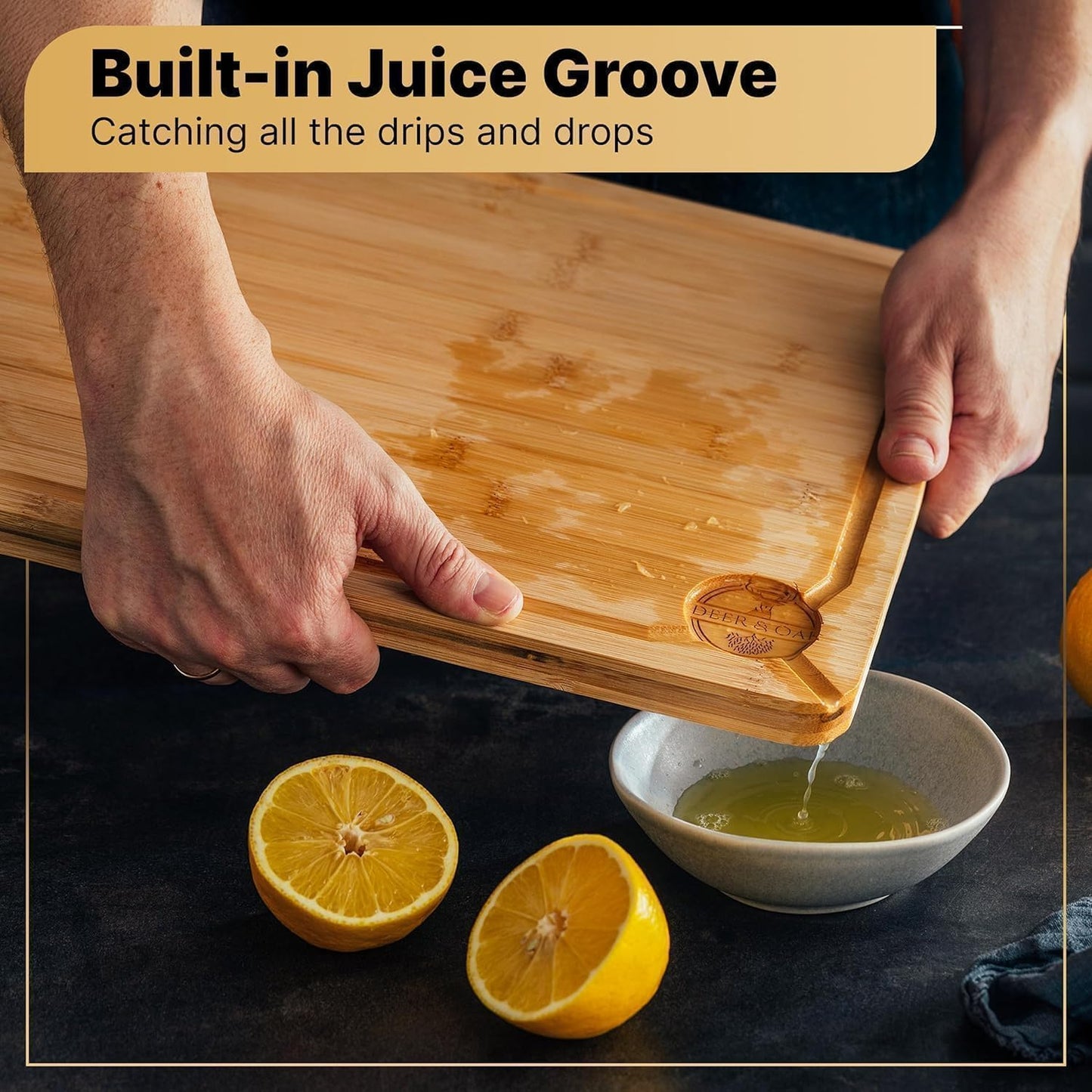 Deer & Oak Premium Large Bamboo Cutting Board – 15" x 9.8" x 0.8" Wooden Chopping Board for Meat and Vegetables, Pre-Oiled, Water Resistant, Knife Friendly