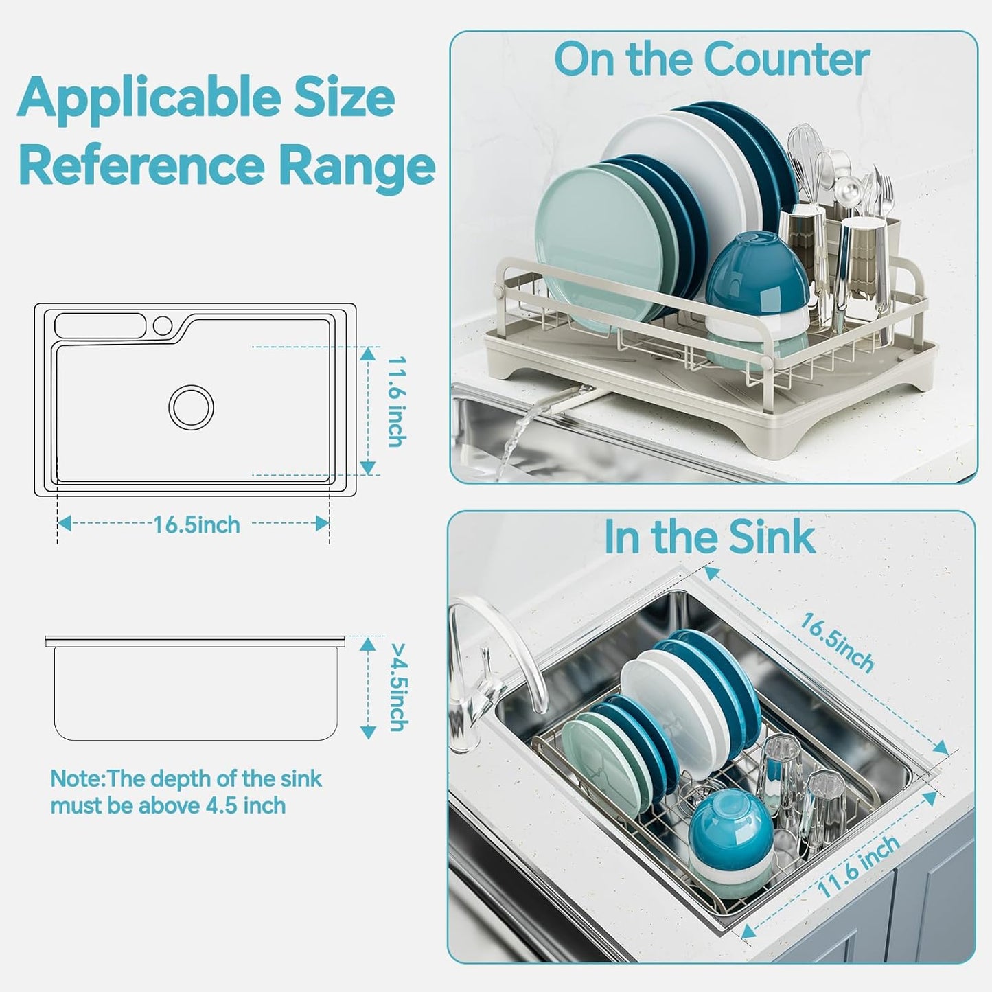 Dish Drying Rack Kitchen - Dish Racks for Kitchen Counter Space-Saving, Dish Drainer with Automatic Drain and Adjustable Spout, Dishwasher Rack with Cutlery Holder, Easy to Install, Grey