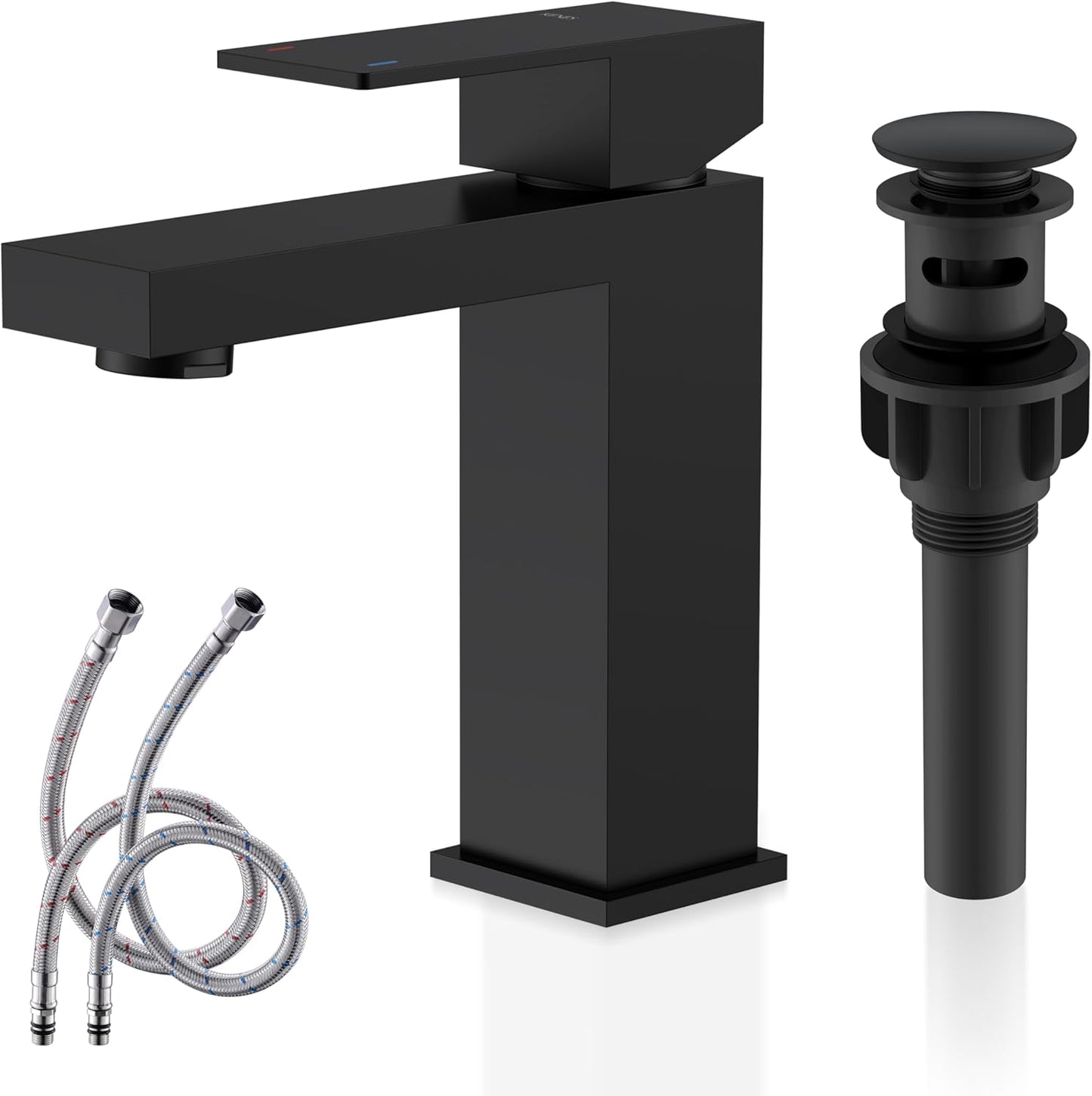 KENES Matte Black Single Handle Bathroom Sink Faucet, Stainless Steel Vanity Faucet for Bathroom Sink, with Pop Up Drain Stopper & Water Supply Hoses LJ-9031-2