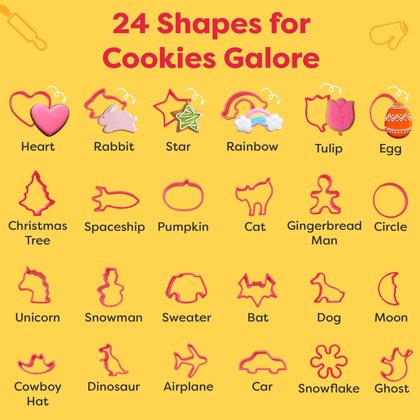 Baketivity Cookie Cutter Set for Kids, 24 Assorted Cookie Cutters of Basic Shapes, Seasonal, and Holiday Themes - with Rolling Pin, Silicone Baking Pan, and Non-Stick Baking Mat - BPA-Free - Ages 4+