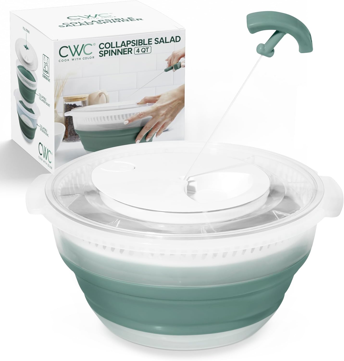 COOK WITH COLOR Collapsible Salad Spinner - 4 QT Space Saving Lettuce Dryer with Folding Collapsible Colander Great for Washing and Drying Fruit and Vegetables (Sage)