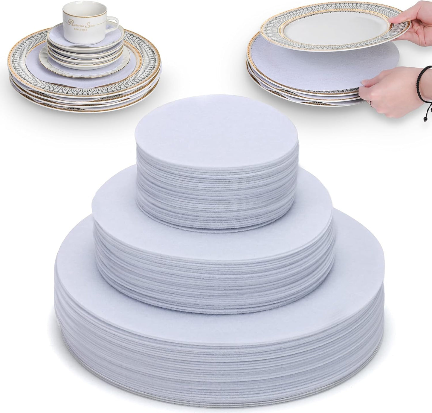 Imncya Plate China Storage Dividers, 150-Piece with 3 Different Sizes, Thick and Premium Soft Felt Plate Dividers for China, Dish, Coffee Saucers Protecting and Stacking - White