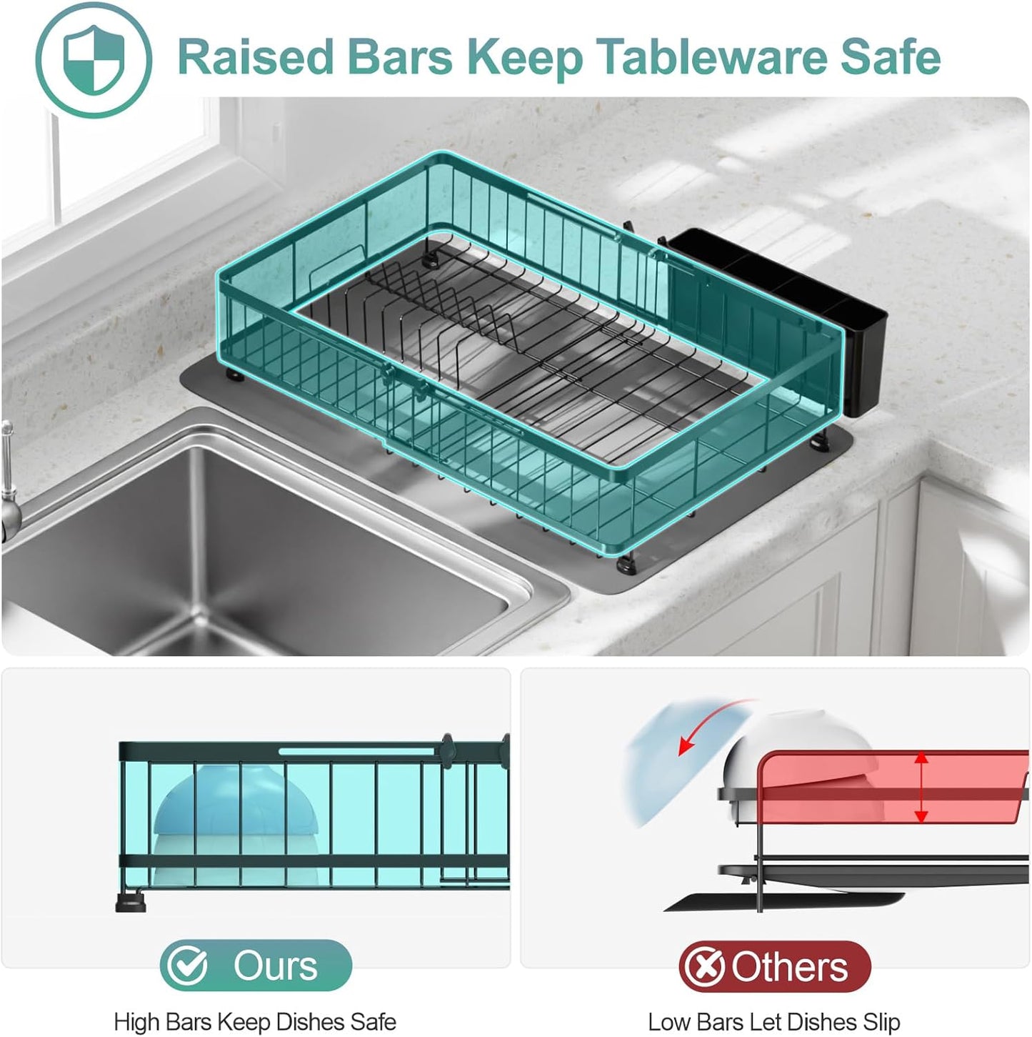 GSlife Large Dish Drying Rack - Full Size Expandable Dish Racks for Kitchen Counter, Rust Resistant Dish Drainer with Absorbent Drying Mat Cutlery Holder, 16.5"-21.3" L x 14.7" W, Black