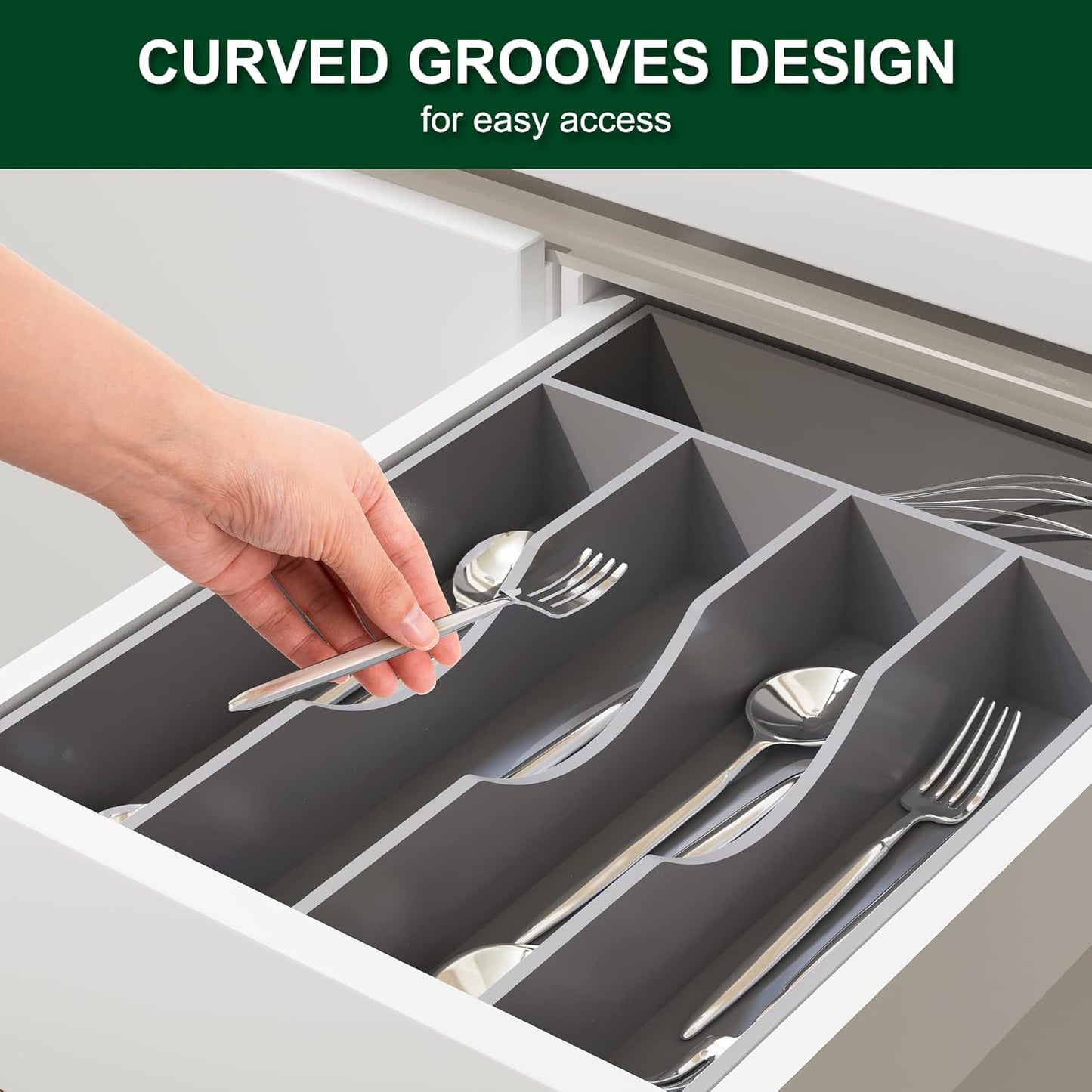 Bellsal Grey Utensil Organizer 10 Inch Silverware Tray for Drawer Utensil Holder Cutlery Organizer Kitchen Drawer Organizer 5 Compartment Small Narrow Bamboo