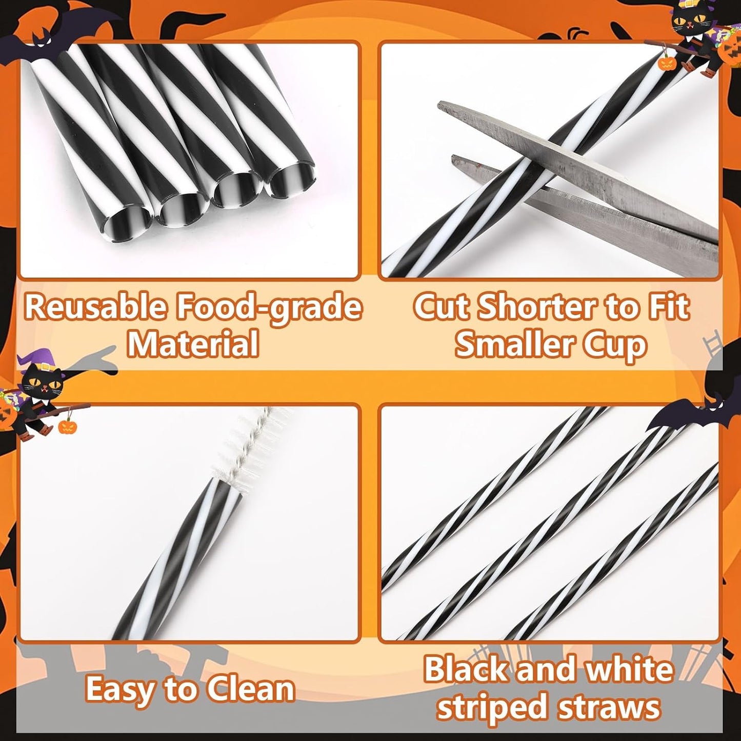 JANYUN 30 Pcs Halloween Straws Plastic, Reusable Black and White Striped 9 Inch Hard Plastic Drinking Straws with Cleaning Brush for Christmas Halloween Birthday Party Supplies Table Decorations