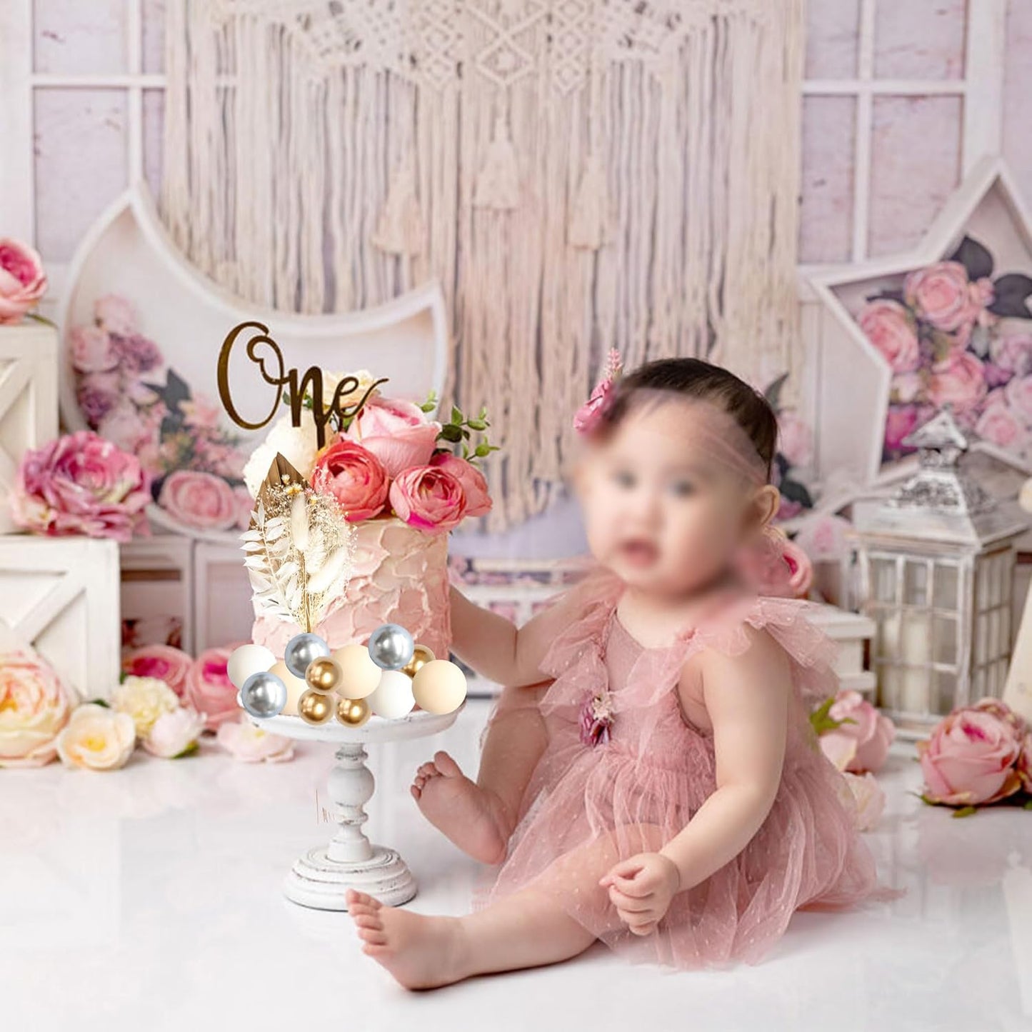 Gyufise 21 Pack Flower Boho Cake Topper Ball Cake Decorations Palm Leaves Plants Cake Decor for Girl Bohemian Princess Theme Wedding Baby Shower Birthday Party Supplies Gold White Khaki